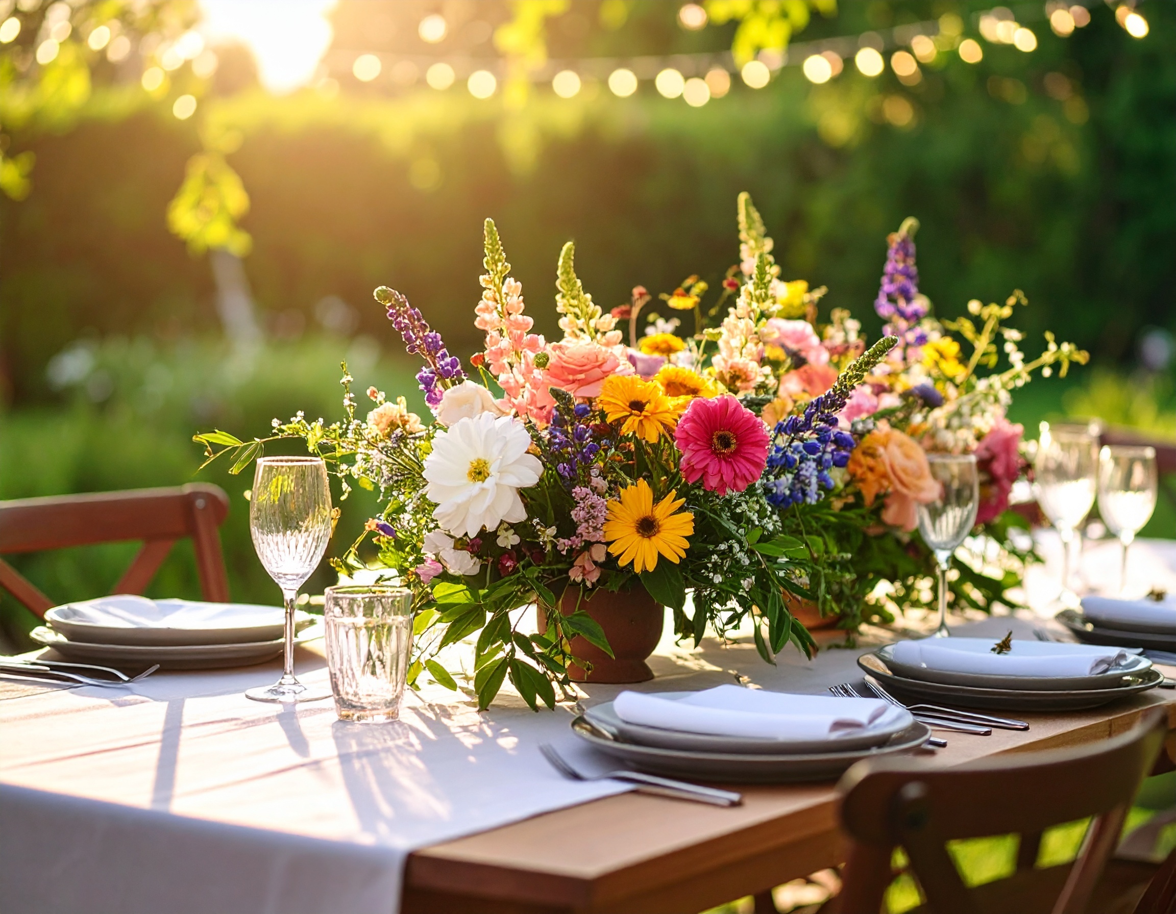 Firefly_An outdoor tablescape centerpiece with multicolor wildflowers 793189
