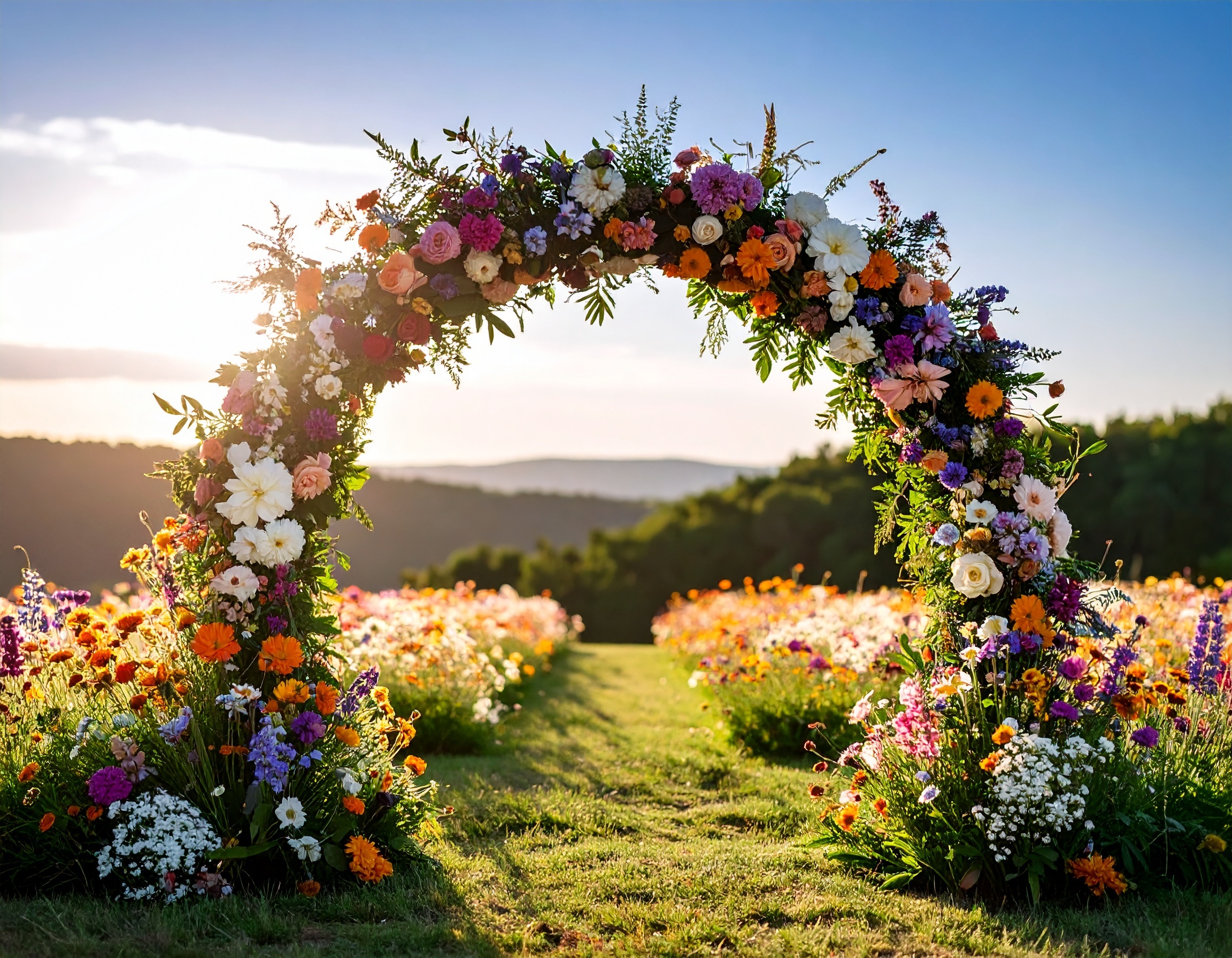 Firefly_flower arch for outdoor wedding made with multicolor wildflowers 90407